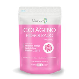 BIOSUPLE | Colágeno Hidrolizado adicionado con Isoflavonas de Soya, Calcio de Coral y Vitaminas C, D3 y E.Polvo 300 g, sabor Natural – Suplemento Alimenticio.