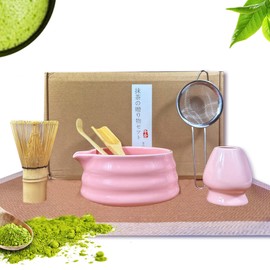 Pink Matcha Tea Set, 6pcs Matcha Whisk Set Pink, Matcha Ceremony Accessory, Whisk Holder, Matcha Bowl, Matcha Whisk, Bamboo Scoop, Sifter, Ceramic Matcha Bowl Tea Ceremony Accessory for Making Matcha