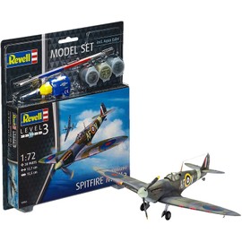 Revell Model Set 63953 Spitfire Mk.IIa 1:72 Scale Unbuilt/Unpainted Plastic Model Kit with Contacta Professional Glue, Paintbrush & Selected Aqua Color Paints