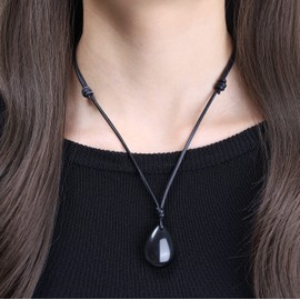 COAI Leather Necklace Teardrop Crystal Necklace for Women Men, Black Obsidian Necklace