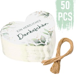 50 Stück Dankeschön Geschenke Anhänger, 5CM Herzförmige Papieretiketten mit 10m Juteschnur, Herz Eukalyptus Tags für Hochzeit, Geburtstag, Babyparty, Taufe, Gastgeschenke (50)