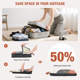 Lekespring Kompression Koffer Organizer Set für Damen, Netzfenster 6 Teilige Packing Cubes Packwürfel Compression, Kofferorganizer Packtaschen für Rucksack & Koffer, Travel Reise Organizer,Beige+Braun