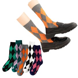 LONGSILVER Argyle Socks Retro High Ankle Women 5 Pairs British Style Cute Plaid Mid-calf Casual Crew Socks (Argyle_5Pcs)