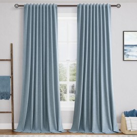 Blue Linen Blackout Curtains for Bedroom 120 Inch Length 2 Panels Set Back Tab Pocket Neutral Farmhouse Living Room Darkening Curtains Track System Thermal Insulated Black Out Drapes 52x120