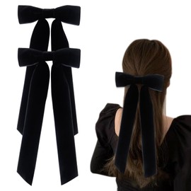 2 Pack Bow Hair Clips with Long Tail, Velvet Hair Ribbons Large Hair Bows for Women, Hair Accessories for Women Girls(Black)