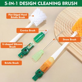 Bottle Cleaning Brush 4 PCS Long Handle Bottle Brush 5 in 1 Detachable Bottle Scrubber Brush with Nipple Brush, U-Shaped Brush, Bottle Gap Brush, Straw Brush