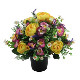 Artificial Grave Flower Arrangement with yellow ranunculus and mini spring pansies, 25cm