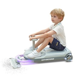 Unicoo Kids Electric Go Kart, 12V Rechargeable Ride-On Wiggle Car with Mood Light, Portable Go Cart with 5 Adjustable Speed, Clean Car for Ages 3-8, Perfect for Fun and Safe Indoor & Outdoor - Color: Gray