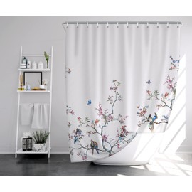 LIVETTY White Bird Floral Shower Curtain 180cm × 180cm Mould Proof Butterfly Fabric Bathroom curtain For Women & Men With 12 Hooks Washable Quick-Drying Curtains