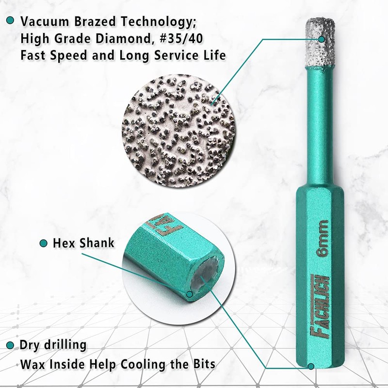 FACHLICH Ceramic Tile Drill Bits 6/8/10/12/14mm Diamond Bits Porcelain Drill