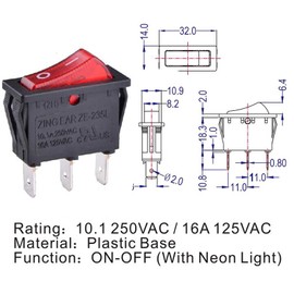 Miayaya Zing Ear ZE-235L Rocker Switch Red Illuminated 16A 125VAC 250VAC On/Off With Neon Light Lamp Replace Canal RH Series Defond DRH 1215 Silver Plated Copper Plastic Base Easy Installation Durable