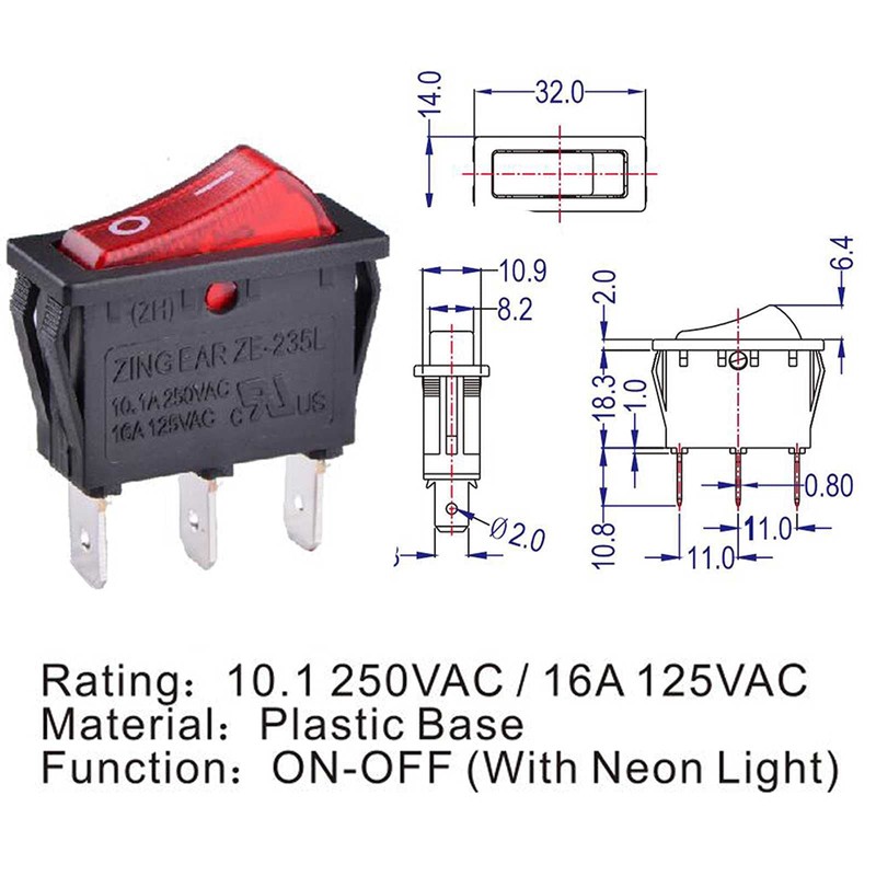Miayaya Zing Ear ZE-235L Rocker Switch Red Illuminated 16A 125VAC