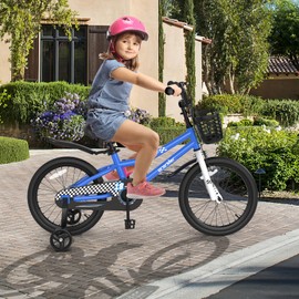 GYMAX 18” Kids Bike for 4-8 Years, Childrens Bicycle w/Removable Training Wheels, Basket & Dual Handbrake, Toddler Bike for Boys Girls (18 Inches with Kickstand, Blue, Checkerboard)