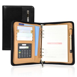 Elezeal PU Leather Conference Portfolio Folder Loose Leaf A5 Binder Ring Binder Personal Work Padfolio with Calculator, Zipper Pocket and Refillable Pages, Business Notebook Zipped Organiser
