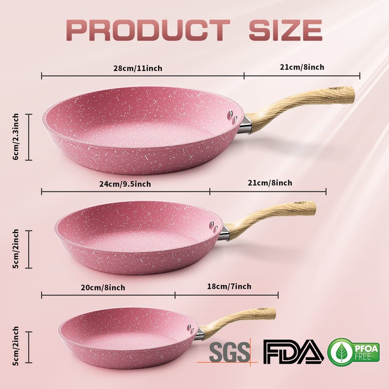 Frying Pan Nonstick Set, 8" & 9.5" & 11" Pink