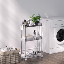 VECELO 3-Tier Acrylic Rolling Cart, Utility Cart for Kitchen Storage, Mobile Shelves Slide-Out Organizers with 2 Lockable Wheels&Hooks for Bathroom Laundry Room Living Room Office, Clear