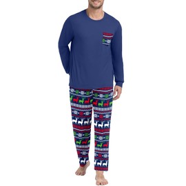 PrinStory Men's Pajama Sets Sleepwear Casual Long Sleeves Crewneck Shirts and Pants Soft Nightwear 2025 Navy Blue Elk S