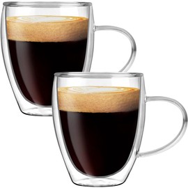 12 OZ Double Wall Glass Coffee Mugs with Handle to Savor Hot Drinks Without Burning Your Hands - Insulated Layer Coffee Cups Made of Borosilicate Glass - Perfect for Cappucino & Tea, Set of 2