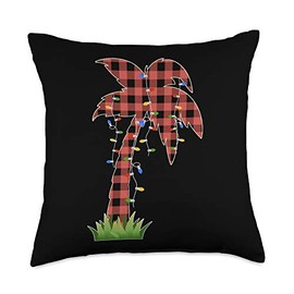 Funny Christmas Palm Tree Tee Xmas Gifts Th Christmas Lights Red Plaid Palm Tree Gift Tropical Xmas Throw Pillow, 18x18, Multicolor