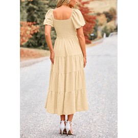 PRETTYGARDEN Women's Swiss Dot Boho Midi Dress Puff Sleeve Tiered Ruffle A Line Swing Dresses (Beige,Large)