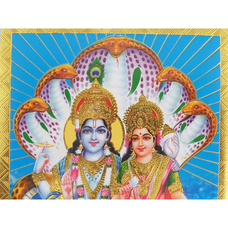 Gold Foil Embossed Hindu God Lord Vishnu Goddess Lakshmi Shrine
