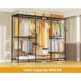 ULIFHOME E14 Pro Heavy Duty Clothes Rack，Freestanding Clothing Racks for Hanging Clothes，Adjustable Closet Organizers and Storage，Metal Garment Rack with Shelves 69"W x16"D x77"H，Max Load 960LBS，Black