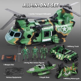 JOYIN 10-in-1 Military Helicopter Toys Set with Light, Sound, Trucks, Boat, Bike, Army Men, Weapons - Christmas Birthday Party Gifts for Kids