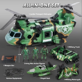 JOYIN 10-in-1 Military Helicopter Toys Set with Light, Sound, Trucks, Boat, Bike, Army Men, Weapons - Christmas Birthday Party Gifts for Kids