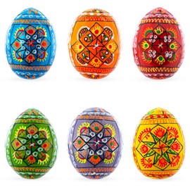 Set of 6 Pearlized Ukrainian Pysanky Wooden Easter Eggs 2.5 Inches