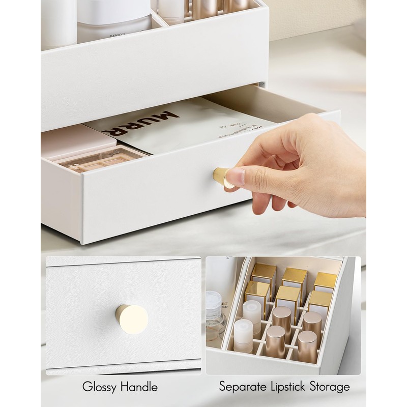 Vlando Makeup Organzier,Vanity Organizer with Drawers, PU Leather Skincare Organizer