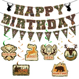 15Pcs Hunting Birthday Party Decorations Deer Hunting Birthday Party Decorations Camo Hunting Birthday Banner Double Sided Print Hunting Hanging Swirls Decor for Outdoor Camping Picnic Birthday Decor