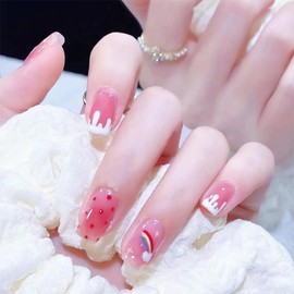 Viwind Short Coffin Press on Nails,Ballerina Fake Nails Kits with Glue,Natural Reusable Stick On Nails in 12 Sizes-24 Stick On Artificial Nails-Pink Rainbow