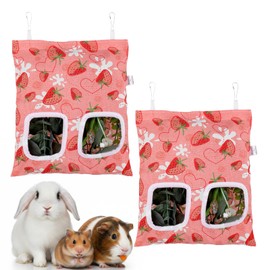 Elegaperma 2pcs Bunny Hay Bag, 2-Hole Rabbit Hay Bags, 13.78 X 9.45in Hay Bag for Guinea Pigs, Hanging Guinea Pig Hay Holder for Guineas Pigs Bunny, Small Pets (Pink Strawberry)