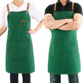 Chef Apron for Men Women with Pockets | Adjustable Cross-Back Work Apron | Canvas Kitchen Cooking BBQ Apron | Barista Bartender Barber Professional Apron | Art Craft Gardening Florist Aprons - Green
