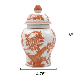 Galt International 8" Ceramic Ginger Jar w/Lid - Classic Chinese Style Porcelain Jar Tea Storage for Home Decor Decorative Centerpiece Vintage Accent Antique Vase Jingdezhen (Orange & White)