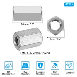 PATIKIL M8 x 1.25-Pitch 304 Stainless Steel Hex Coupling Nuts, 12Pcs 20mm/ 0.8" Length Coarse Fully Threaded Rod Coupling Nut Studding Connector Fasteners, Silver Tone