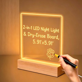 2-in-1 LED Night Light & Dry-Erase Board, 5.91x5.91"Wooden Acrylic Light, LED Note Board Message Board, Arcrylic Memo Board Doodle Glow Board for Father's Day Mother's Day Wedding Birthday Anniversary