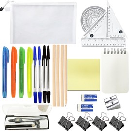 MAXXYUN 27 Pcs Back to School Stationery Set, Maths Set with Clear Pencil Case, Assorted Stationery Pack with Ballpoint Pens, Highlighters, Pencils, Foldback Clips, Ruler Set, Compasses