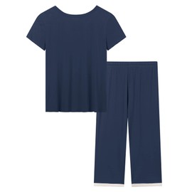 Amorbella Cool Pyjamas/PJs Set Women Bamboo Soft Jersey Knit Short Sleeve Capri Pants V-neck Moisture Wicking Sleepwear (Navy Blue, Large)
