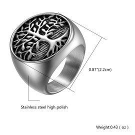 Oidea Vintage Stainless Steel Biker Engraving Tree of Life Men's Rings Wedding Engagement Ring Band Ring Black Silver for Men – Ring Sizes 54 (17.2) to 71 (22.6), Stainless Steel