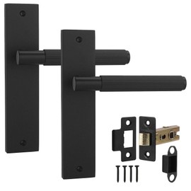 Decoranddecor Hera Matt Black Knurled Backplate Assembly with 2.5in Tubular Mortise Latch & Fire Rated Hinges – Secure Internal Lever Door Handle Kit for Classic Commercial and Residential