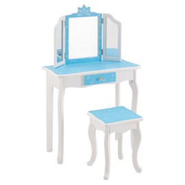 MOUDS Vanity Set, 2 in 1 Princess Makeup Dressing Table and Writing Desk, Girls Vanity Table with Detachable Tri-Folding Mirror, Blue, Ages 3-8