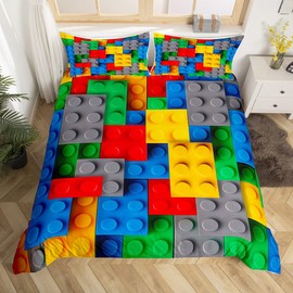 Erosebridal Construction Bedding Sets Colorful Comforter Cover 3D Building Blocks Duvet Cover Full,Kids Boys Bricks Quilt Cover Rainbow Gradient Room Decor for Teen Girls,Red Yellow Green Blue Grey
