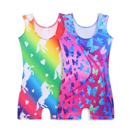 Girls Leotards for Gymnastics Size 2t 3t Sparkle 2 Pack Rainbow Unicorn Tumbling Unitards with Short