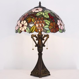 AVIVADIRECT Tiffany Table Lamp 24 Inch High Antique Stained Glass Green Purple Grape Desk Reading Light Wide 16 Inch for Bedroom Living Room Home Office