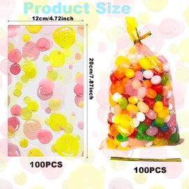 100PCS Pink Dot Cellophane Treat Bags 7.9x4.8 inches - Plastic Gift Bags with 100 Gold Twist Ties, Yellow Pink Dot Printed Pattern for Birthday Parties, Baby Showers, Weddings, Party Favors
