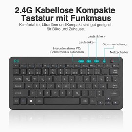 Rii Tastatur Maus Set Kabellos, 2.4G Kabellose Kompakte Tastatur mit Funkmaus für Laptop, PC und Smart TV, Deutsches QWERTZ Layout, Schwarz