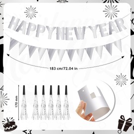 HOWAF New Years Eve Decorations 2025, Happy New Year Banner 2025 Balloons New Year Balloons, New Year Glasses, New Years Eve Party Hats, Party Blowers for Happy New Year Decorations 2025, Silver