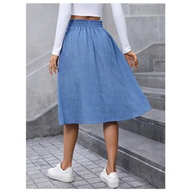 Verdusa Women's Button Paperbag Drawstring Waist Skirts A Line Flowy Denim Midi Skirt with Pocket Blue Large