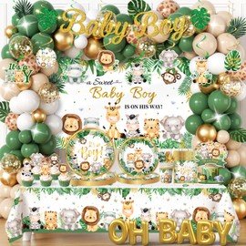 Safari Baby Shower Decorations,387pcs Jungle Baby Shower Decorations Sweet Boy Baby shower Theme Plates and Napkins Cups Tablecloth Backdrop Topper Balloons for Boy Wild Birthday Decorations